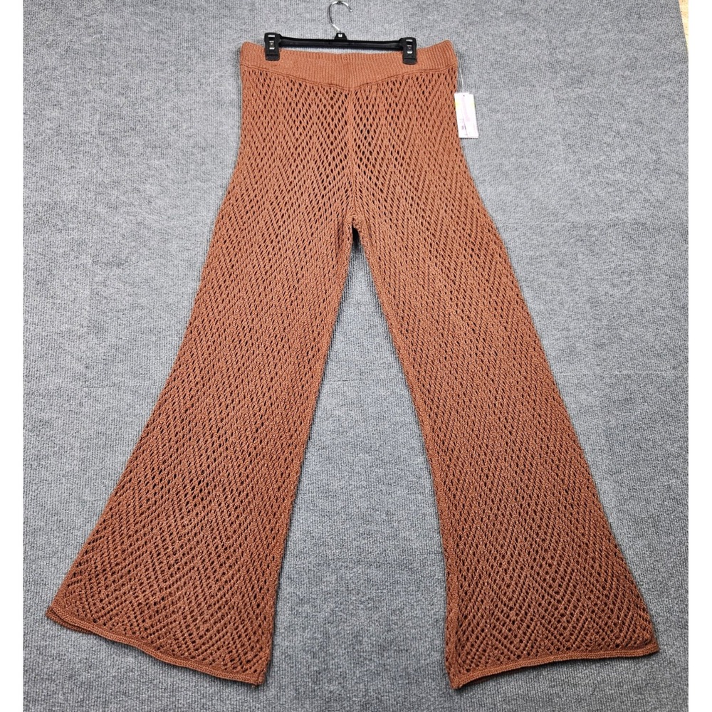 NWT Wild Fable Brown Metallic Crochet Wide Leg Pants Side Slit Size L